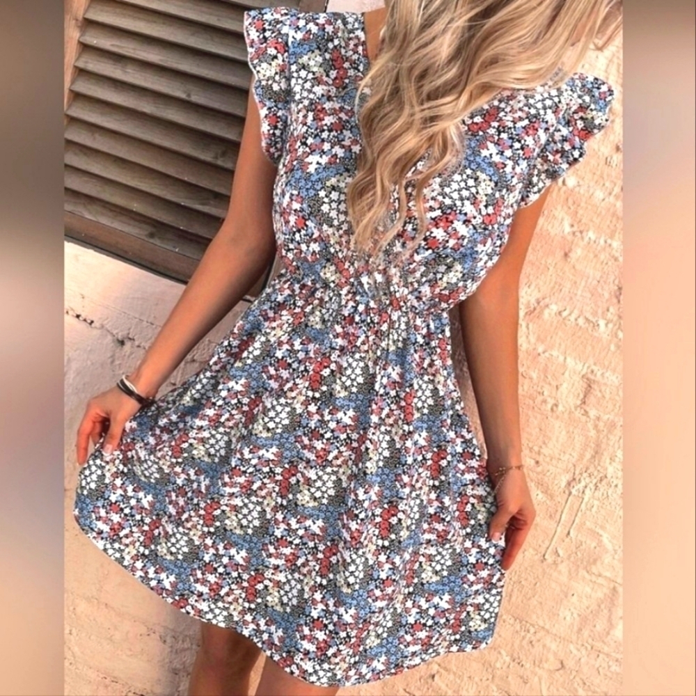 Bohemian Floral Ruffle Mini Dress V-Neck High Waist Flare A Line Cap Sleeves New